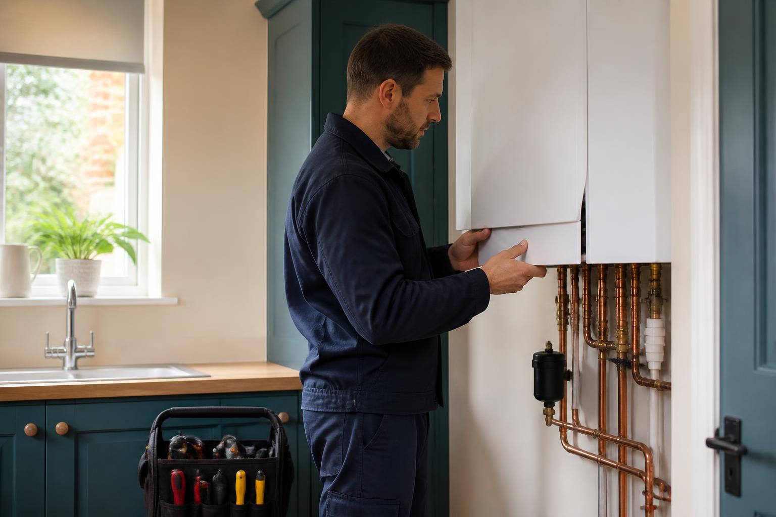 Independent heating engineer inspecting a modern boiler in a British home