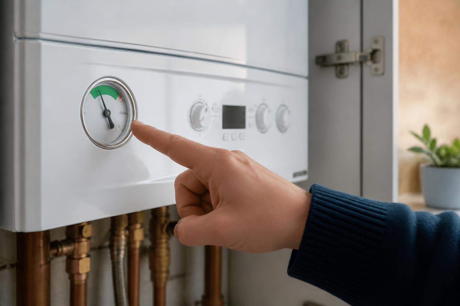 Homeowner checking a boiler pressure gauge in its normal operating range