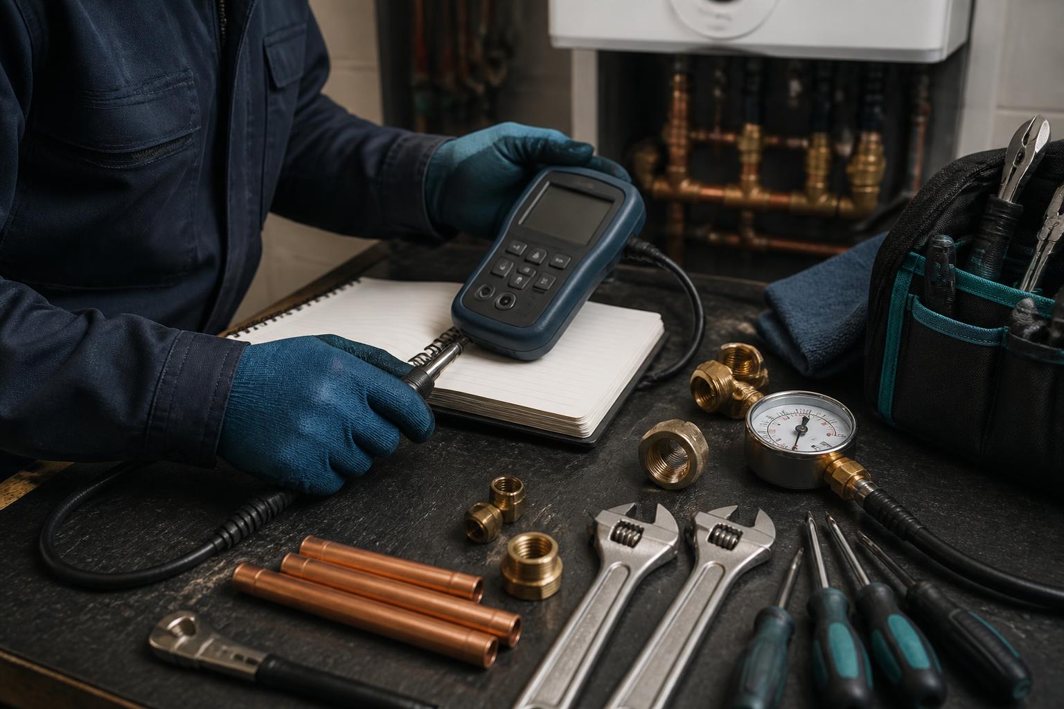 Professional heating engineer testing boiler equipment with specialist tools