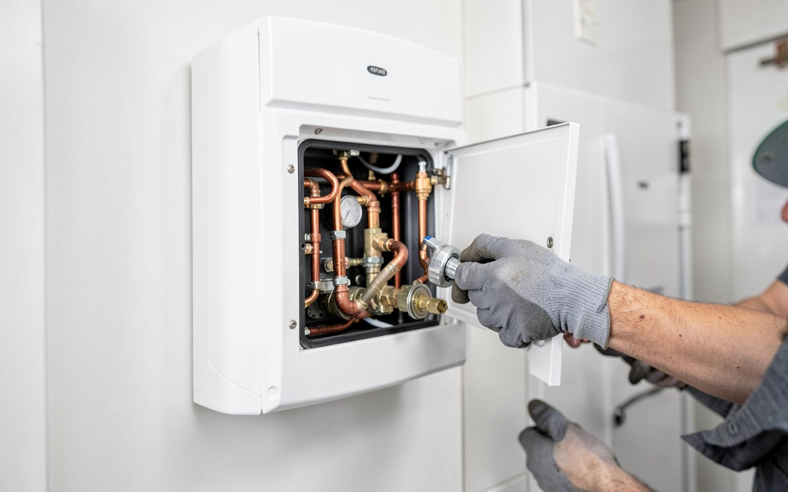 Modern combi boiler with the front panel open showing copper pipework