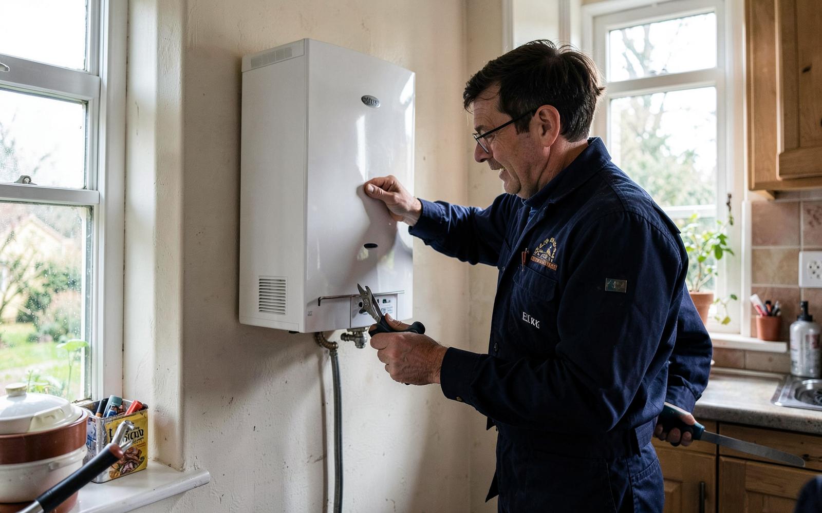 Heating engineer fitting a combi boiler in a UK kitchen