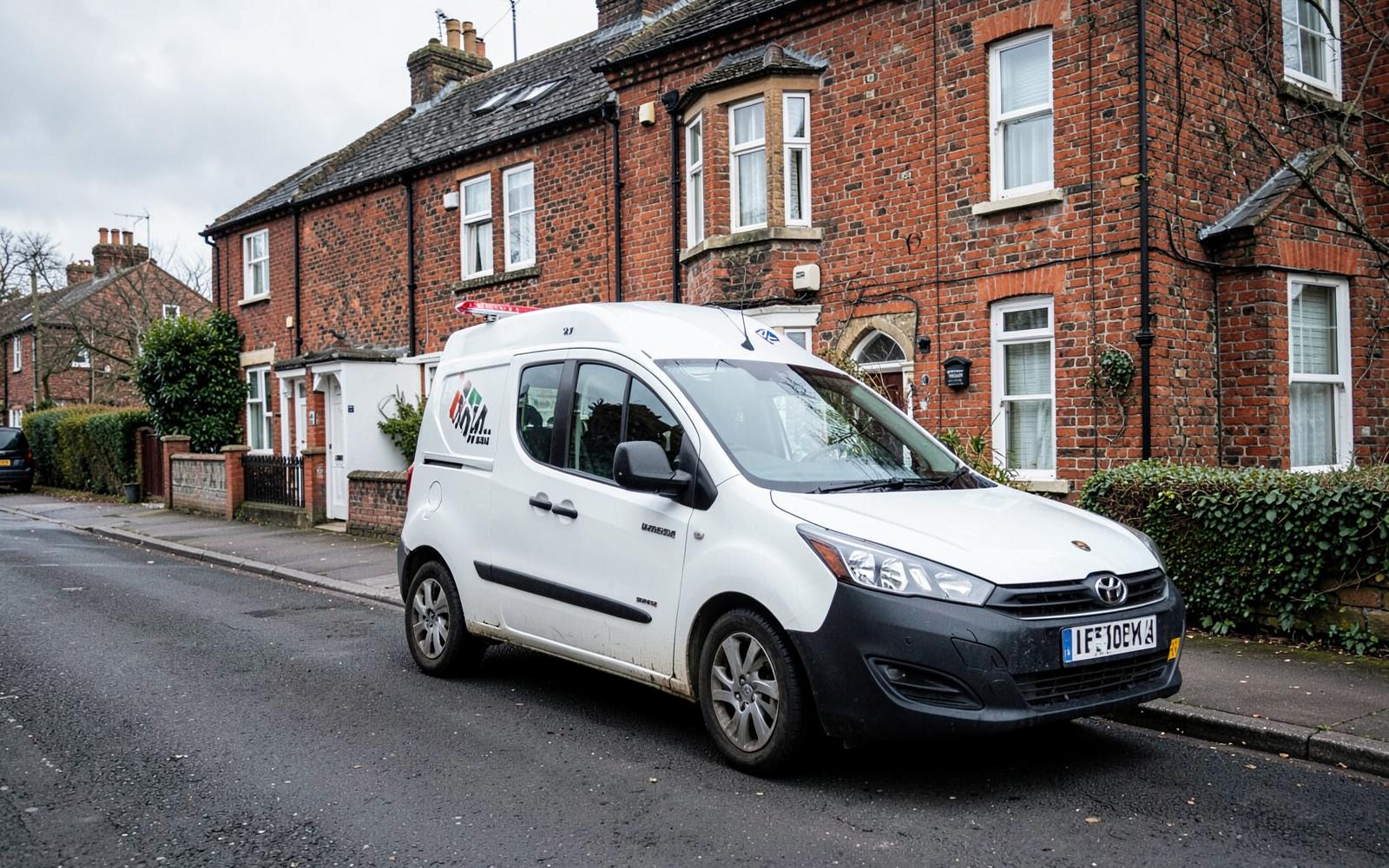 Heating engineer's van outside a British terraced house
